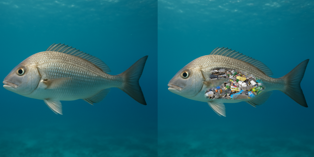 Foto mit einem Fisch - einmal mit Müll im Bauch, einmal ganz normal